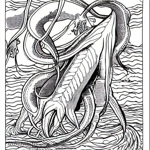 Image similar to a giant squid carrying napoleon on its back, coloring book page