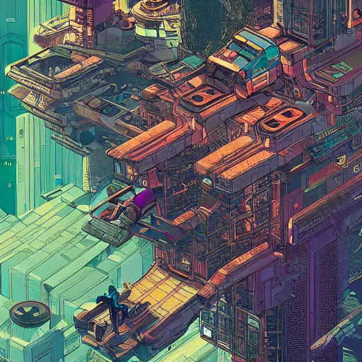 Image similar to cyberpunk explorer playing video games in his treehouse, highly detailed, 4k, midnight, by Victo Ngai and James Gilleard , Moebius, Laurie Greasley