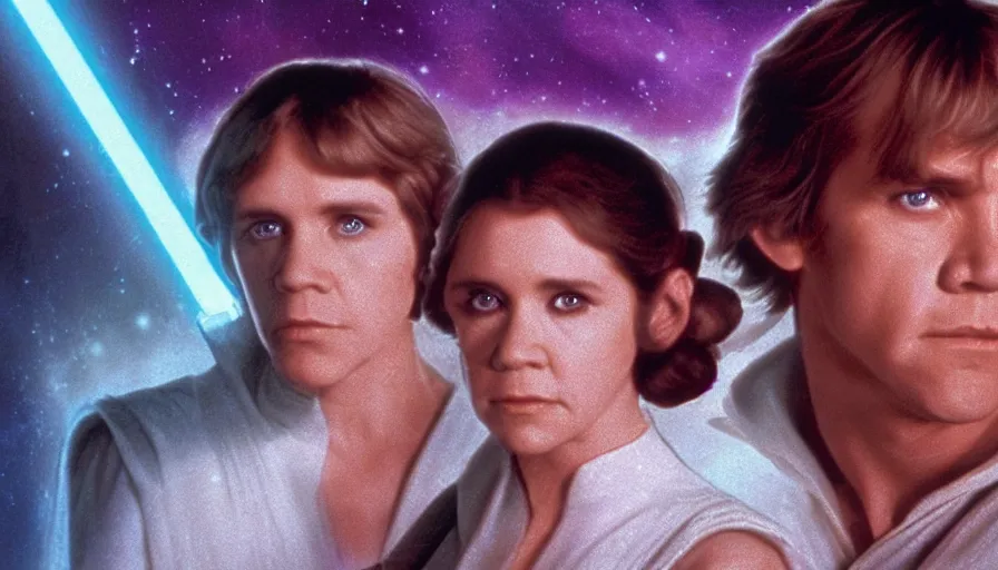 Image similar to screenshot portrait of Luke Skywalker and Princess Leia, facing off against an incredibly haunting female sith lord in white, on a sith planet of purple magic maelstrom, iconic scene from the 1970s sci fi thriller film by Stanley Kubrick, HR Geiger, stunning cinematography, hyper-detailed, sharp, anamorphic lenses, kodak color stock, 4k, stunning