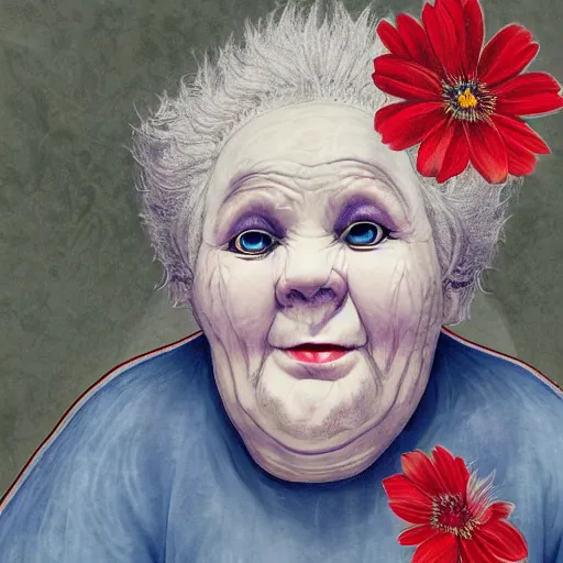 Prompt: of a very funny ambient occlusion render. a sweet fat old woman is in love with her self. flowery dress. symmetrical face, red mouth, blue eyes. deep focus, lovely scene. ambient occlusion render. concept art. unreal engine. pencil and ink. goya painting style.