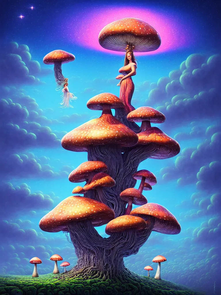 Prompt: portrait of goddess of dreams, extremely beautiful, floating among many stars with lots of gigantic toadstool mushrooms and bonsai trees, by gediminas pranckevicius, jacek yerka, rob gonsalves, peter gric, digital painting, octane rendered, crepuscular rays, neon cyberpunk colors vibrant colors, trending on artstation