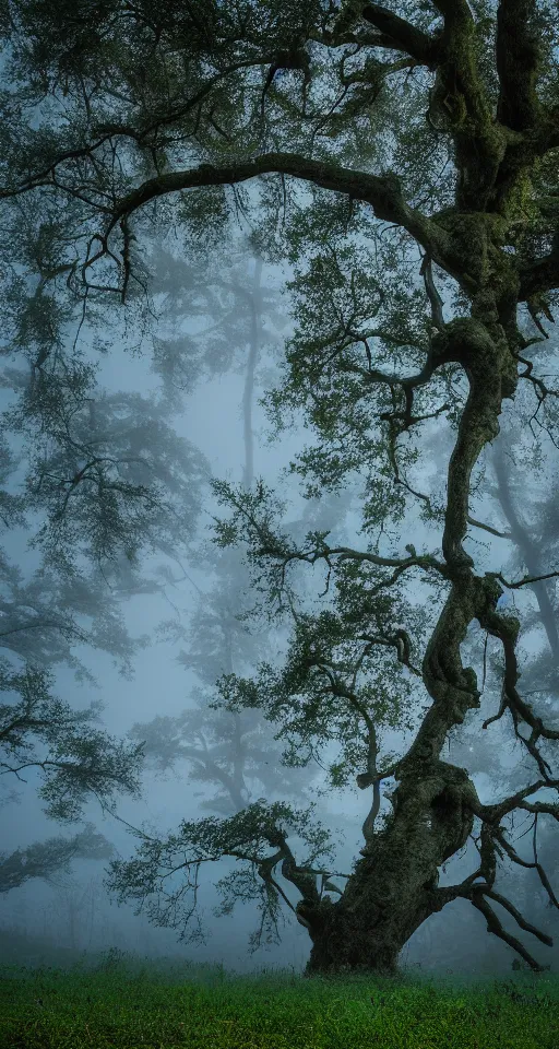 Image similar to ancient oak forest in blue hour light and misty waterfalls