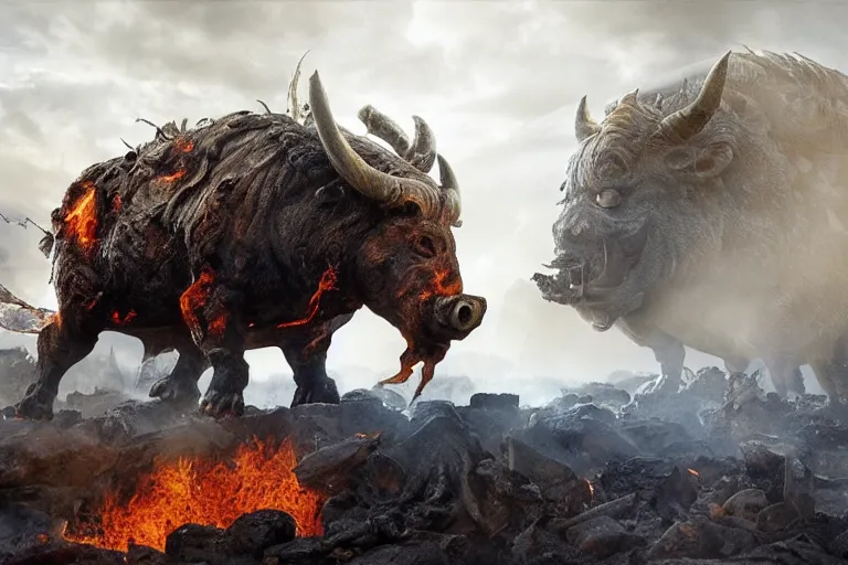 Prompt: immense, colossal demon boar. brutal. with bulging muscles. wearing a silver mesh necklace filled with amber. rampaging across the burning ruins of an ancient city.