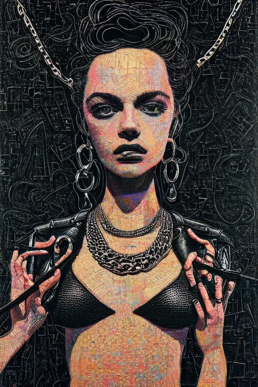 Image similar to dreamy rock girl with beautiful body, black leather and chains, detailed acrylic, heavy metal, intricate complexity, by dan mumford and by alberto giacometti, peter lindbergh, malevich, william stout