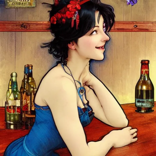 Image similar to a smiling happy beautiful barmaid with short blue hair wearing a red dress in a rustic saloon, beautiful blue eyes, fantasy, intricate and very beautiful and elegant, highly detailed, digital painting, artstation, concept art, smooth and sharp focus, illustration, art by tan zi and artgerm and alphonse mucha and peter mohrbacher