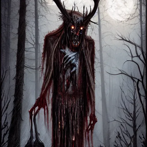 Image similar to cloaked humanoid wendigo feasting on a bloody dear, nighttime located in a snowy dark forest, lurking horror, forboding, high detail, oil painting, style of seb mckinnon