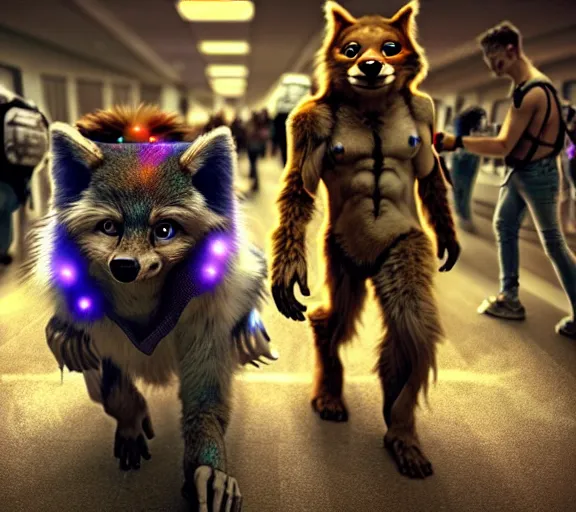 Image similar to high - resolution photograph from a biopunk era furry fandom convention ( midwest furfest 2 0 4 7 ), taking place after the genetic revolution and quantum singularity. photorealistic.