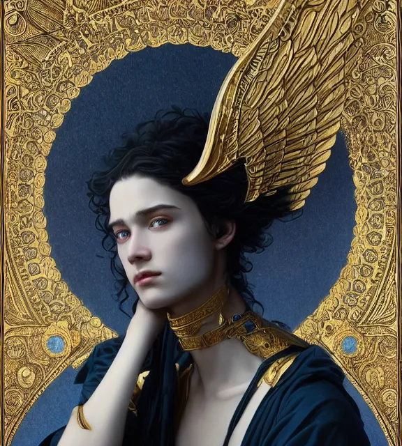 Image similar to god of death, young man, in the underworld, elegant dark blue dress, very detailed, throne, very intricate details, jewelry, gold line tattoos, elaborate long black hairstyle, wings, cinematic, artstation, william bouguereau, alphonse mucha, greg rutkowski, rossdraws, octane render