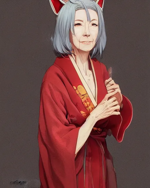 Image similar to Ssunbuki as an older woman with fox ears and a red kimono, visualartzi, Japanese, concept art by Karla Ortiz, James Paick, Charlie Bowater, Krenz Cushart, highly detailed, ultra detailed, ultra realistic, trending on artstation, cgstudio