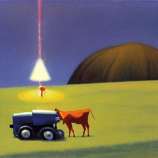 Prompt: UFO abducting a cow with its tractor beam, by Edward Hopper