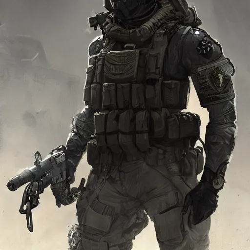 Image similar to Anguished Mercenary Special Forces soldier in grey uniform with black armored vest in 2020, by Cedric Peyravernay, highly detailed, excellent composition, cinematic concept art, dramatic lighting, trending on ArtStation