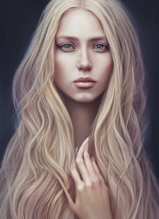 Image similar to a painting of a woman with long blonde hair, a photorealistic painting by magali villeneuve, featured on cgsociety, fantasy art, detailed painting, photorealistic