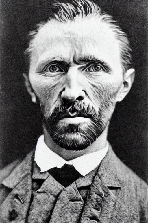 Image similar to a monochrome daguerrotype realistic, supersharp portrait of vincent van gogh, shallow depth of field