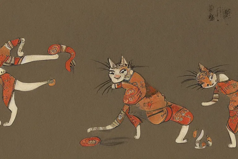 Image similar to a high detail paint of Two cats dancing around Jomon pottery, in simple background, concept art, mad painting