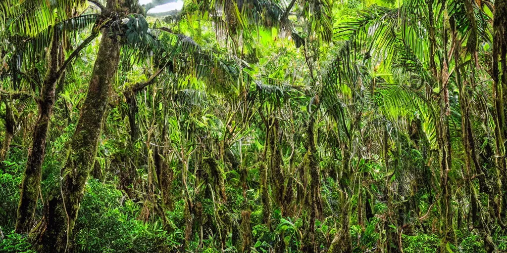 Prompt: great barrier island, new zealand with friendly tree demons watching. lush forest with nikau palms. photograph