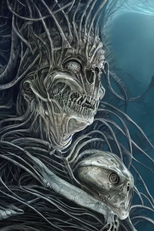 Image similar to elon musk as a scary sea creature, elon musk, photorealistic, cinematic lighting, highly detailed, very intricate, by hr giger