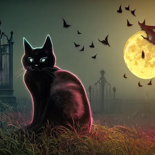 Prompt: an ultra detailed animation of a black cat with bats in a graveyard at midnight on halloween tattoo, digital art, dark fantasy, concept art, soulslike, by alphonse mucha, blood moon eclipse, ruined building in the background, artstation, 8 k, unreal engine render