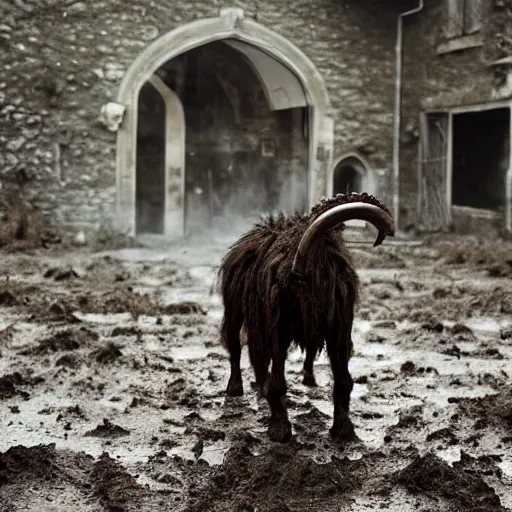 Image similar to horror, moody, still from film, daytime, muddy village square, wide shot, huge, roaring mutant goat monster, powerful, stumpy legs have human hands instead of hoofs, filthy jagged teeth in gaping mouth, matted dirty fur, in muddy medieval village square