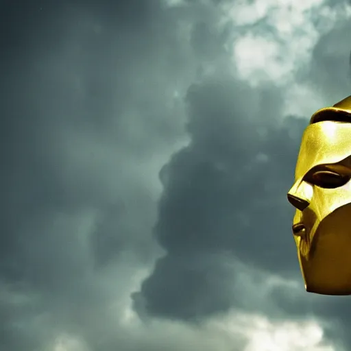 Image similar to big man, wearing a golden mask thats heart shaped.