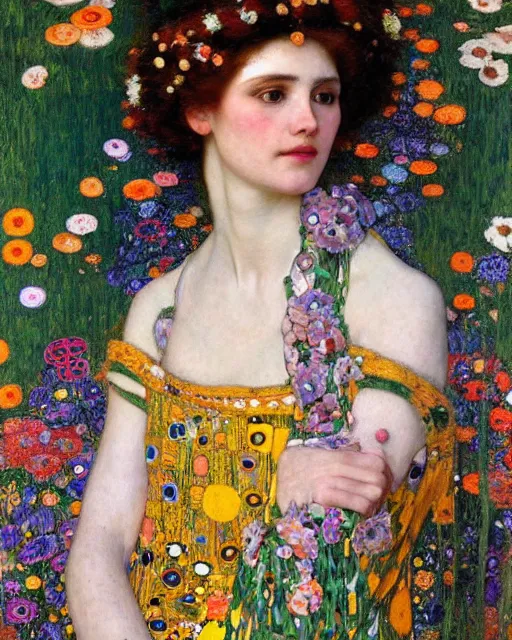 Image similar to a beautiful woman in a colorful dress surrounded by colorful patterns and flowers by gustave klimt and edgar maxence and john william waterhouse and michael whelan, artistic, intricate realistic fantasy, extremely detailed and beautiful face, 8 k resolution, dramatic lighting