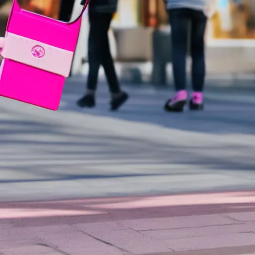 Prompt: a pink letter box with human legs running around in a shopping center