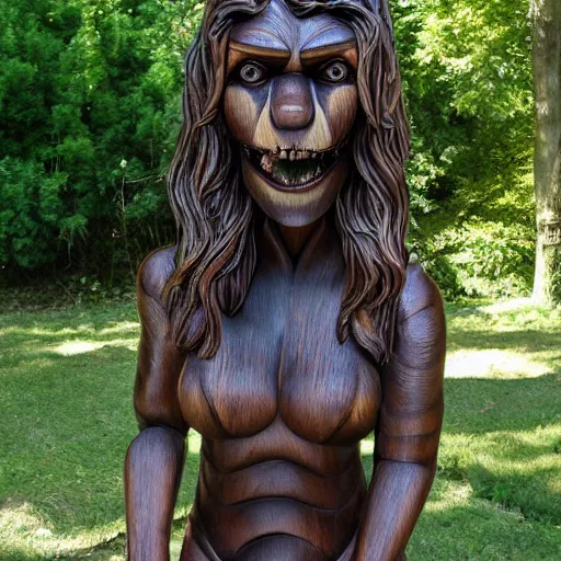 Prompt: realistic wooden statue of a female werewolf