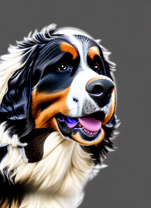 Image similar to photo of a bernese mountain dog wearing a lab coat, highly detailed, sharp focus, octane render