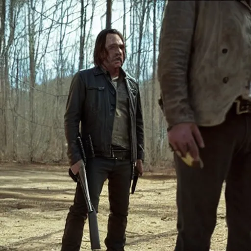 Prompt: cinematic still from the walking dead tv show with negan played by anton chigurh, anton is smirking and holding baseball bat, dark