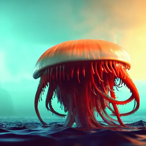 Image similar to a beautiful extreme wide photograph of an evil terrifying jellyfish monster with huge eyes and sharp teeth in a wide open mouth, highly detailed, smooth, very very clean, 8 k, cinematic movie photograph, cinematic lighting, octane render, zbrush central contest winner, 3 d maya render