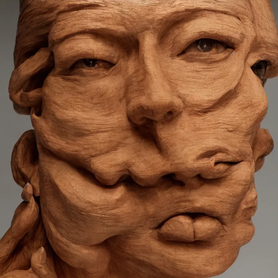 Image similar to realistic public sculpture portrait of a powerful stern woman, beautiful symmetrical face realistic proportions, carved out of a red oak wood on a pedestal by stephan balkenhol and martin puryear, hyperrealistic dramatic colored lighting trending on artstation 8 k