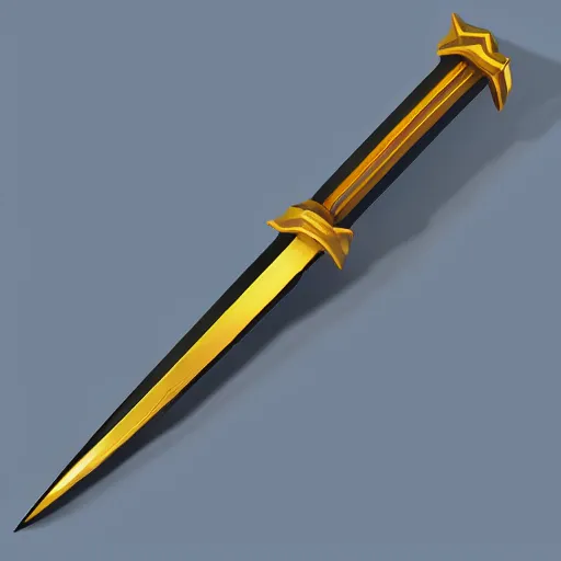 Prompt: black sword blade with golden hilt, icon, isometric, vector, low poly, blue background, cgsociety, volumetric lighting, artstation