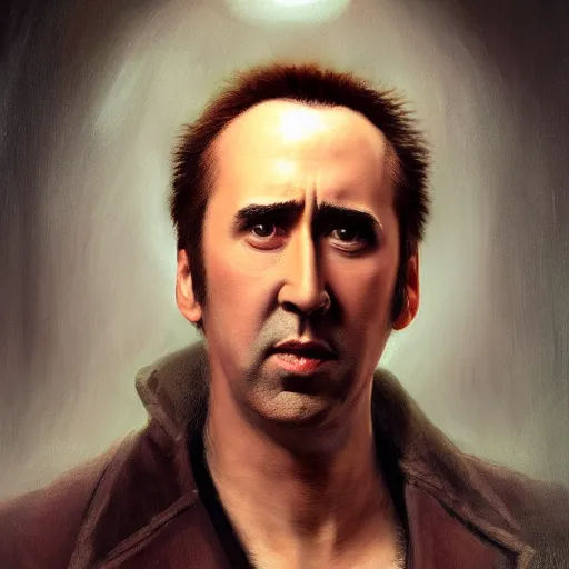 Prompt: Portrait of a Nic Cage , art by Albert Bierstadt and James Gurney, highly detailed, digital painting, matte painting, concept art, illustration, oppressive lighting, trending on artstation, very detailed