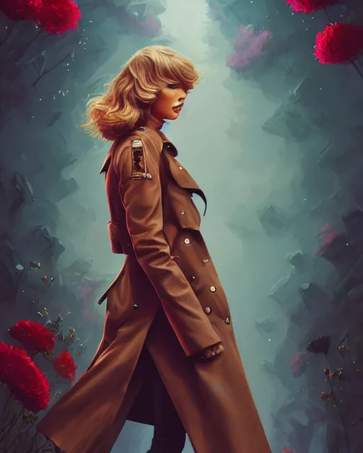 Image similar to taylor swift wearing fashionable trench coat, auburn flower storm, jesper ejsing, artgerm, petros afshar, tom whalen