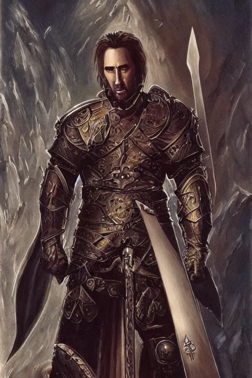 Prompt: Nicholas Cage as a paladin with a longsword, detailed fantasy art by Gerald Brom