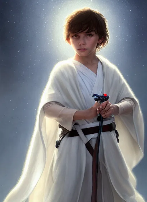 Image similar to perfectly - centered - portrait of a kid wearing white cloak holding light saber, intricate, highly detailed, digital painting, artstation, concept art, smooth, sharp focus, illustration, unreal engine 5, 8 k, art by artgerm and greg rutkowski and alphonse mucha