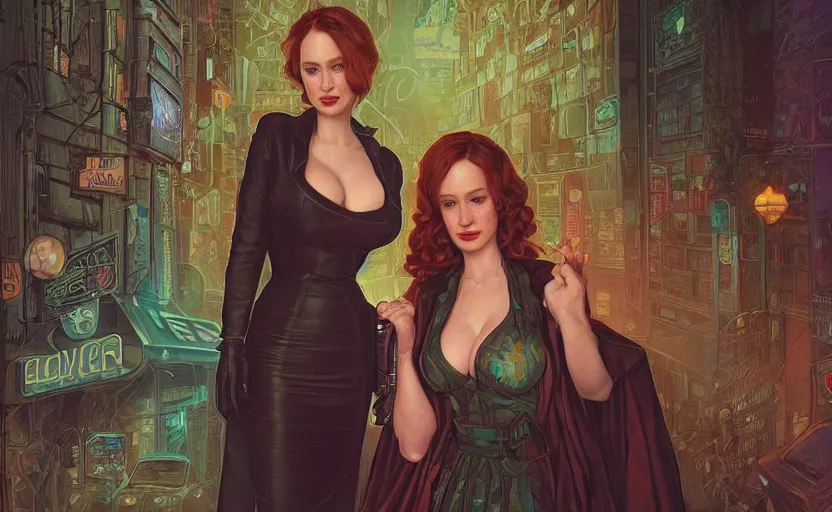 Prompt: sophisticated portrait of christina hendricks brie larson kat dennings, 1 9 8 0 s flower power, very smoky cyberpunk paris, elegance, highly detailed, shallow depth of field, artstation, artgerm, moebius, dark cyberpunk neon atmosphere, donato giancola and joseph christian leyendecker