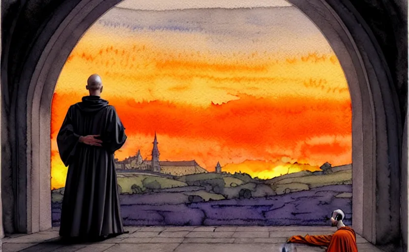 Image similar to a hyperrealist watercolor concept art of a medieval monk in grey robes with an orange sunset sky. in the background is a time portal acting as a window to a different world showing a bright blue sky. very muted colors, by rebecca guay, michael kaluta, charles vess. high detail, hq, wide shot, 4 k