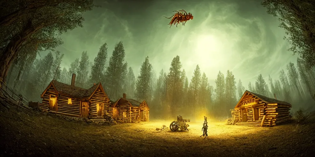 Image similar to a detailed beautiful matte painting of a cyborg scorpion, glowing inside, in a pilgrim village setting, log homes, dirt road, trees by Mikko Lagerstedt and Raphael Lacoste, fisheye lens