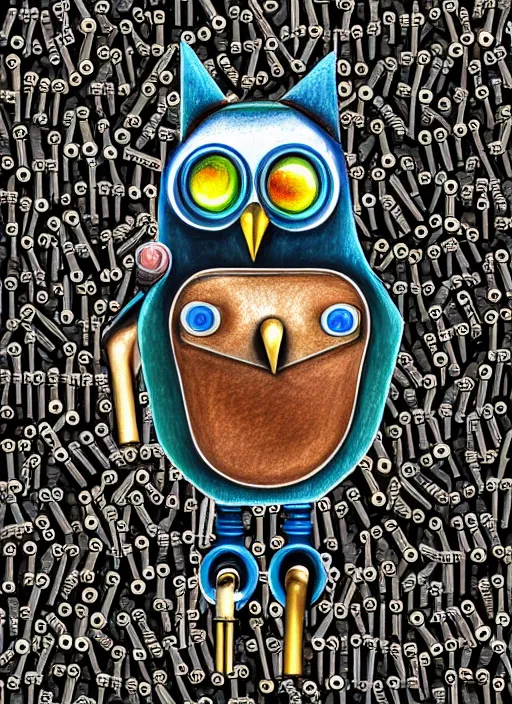 Image similar to colored pencil and pen drawing of an animatronic robot owl, bird made from rusty old keys and padlocks, space background, 8 k photorender realityengine