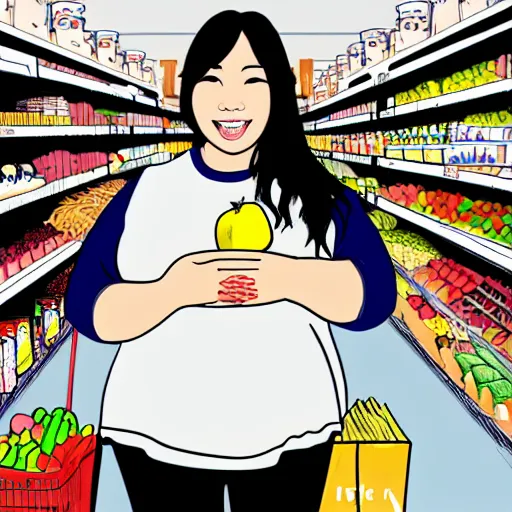 Image similar to cute penial drawing of a slightly chubby 28 year old Korean woman standing in a grocery store next to the bananas