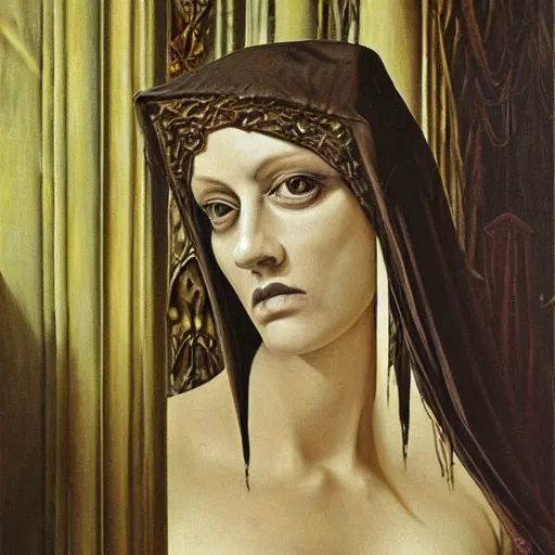 Prompt: portrait of a beautiful woman, gothic, high detail, oil painting by giger