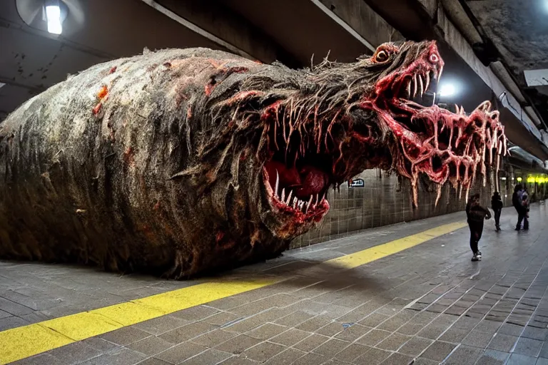 Image similar to very large giant mutant zombie irradiated ( angry rat ) staying on railways in tonnel of moscow subway. tonnel, railways, giant angry rat, furr, fangs, very realistic. extreme long shot, rusty colors, anish kapoor, ( herman nitsch, giger ).