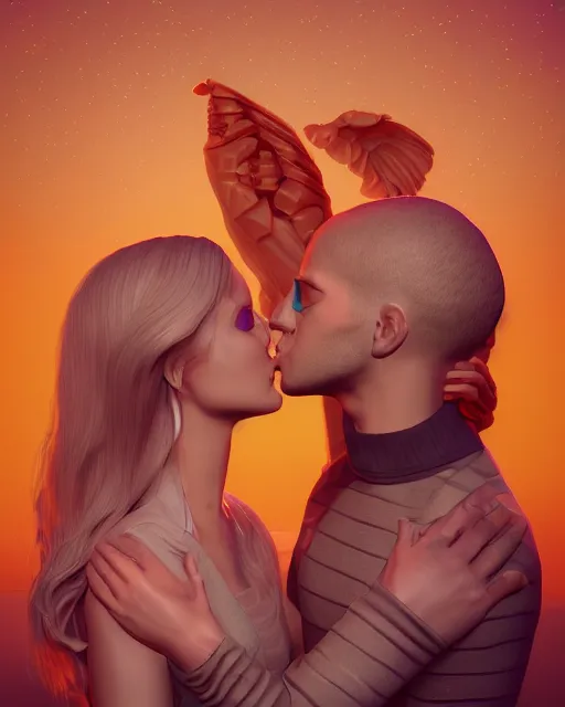 Image similar to 3 d render of kissing couple with profile picture by luis toledo and alex grey and beeple, neosurrealism. digital art, pixel art, concept art, octane render, trending on cgsociety, trending on artstation