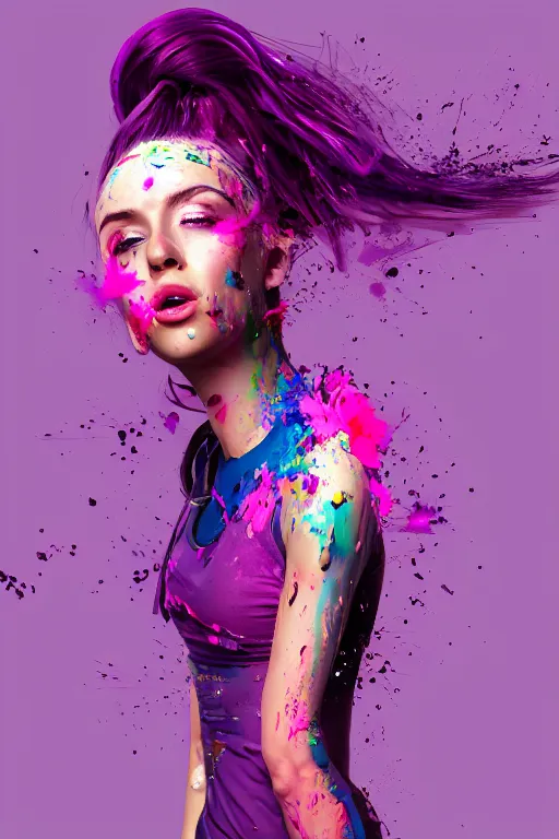 Image similar to a award winning half body porttrait of a beautiful woman in a croptop and cargo pants with ombre purple pink teal hairstyle with head in motion and hair flying, paint splashes, splatter, outrun, vaporware, shaded flat illustration, digital art, trending on artstation, highly detailed, fine detail, intricate