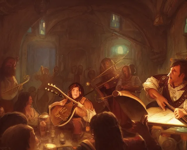 Prompt: a bard playing a lute in a full tavern, color dnd illustration, in the style of Marc Simonetti and James Gurney, trending on artstation, wide angle, cinematic lightning