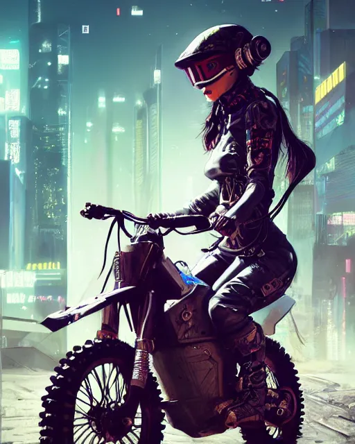 Image similar to cool girl wearing cyberpunk intricate streetwear riding dirt bike, beautiful, detailed portrait, cell shaded, 4 k, concept art, by wlop, ilya kuvshinov, artgerm, krenz cushart, greg rutkowski, pixiv. cinematic dramatic atmosphere, sharp focus, volumetric lighting, cinematic lighting, studio quality