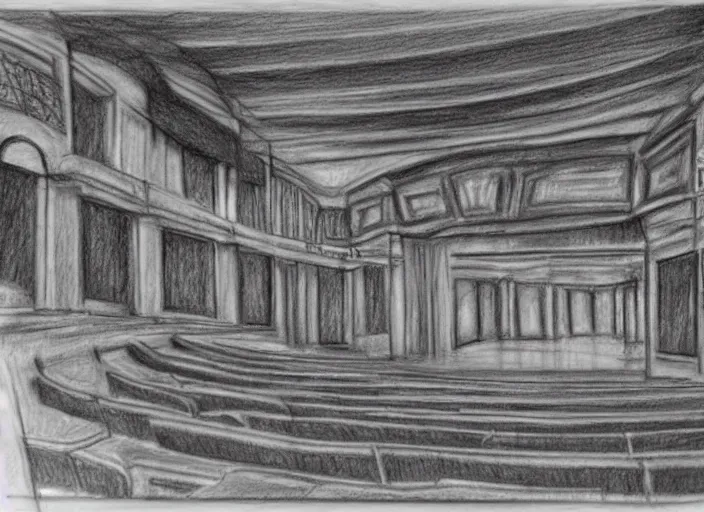 Image similar to pencil drawin of the inside of a old theater, creepy, haunted,