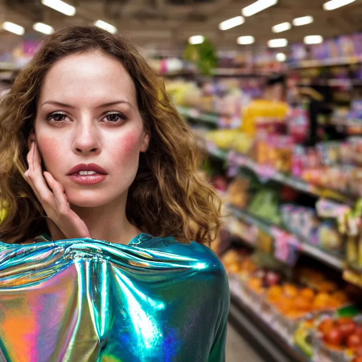 Prompt: closeup portrait of a woman wrapped in iridescent foil, standing in a grocery store, dirty grocery store, grungy grocery store, color photograph, by vincent desiderio, canon eos c 3 0 0, ƒ 1. 8, 3 5 mm, 8 k, medium - format print