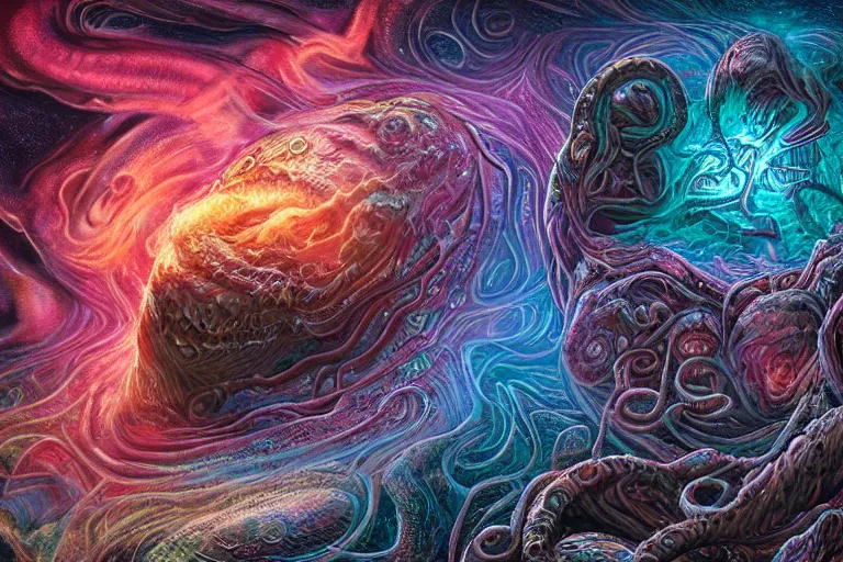 Image similar to a giant skull and flesh creature with deep and intricate rune carvings and twisting lovecraftian tentacles emerging from a space nebula by dan mumford, twirling smoke trail, a twisting vortex of dying galaxies, collapsing stars, digital art, photorealistic, vivid colors, highly detailed, intricate