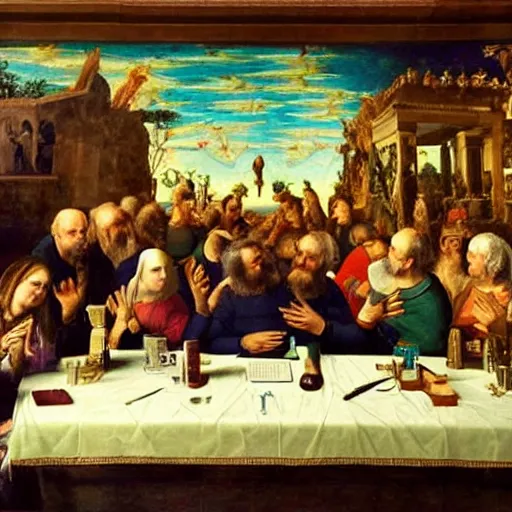 Image similar to a psychedelic conference of scientists / professors / researchers in a renaissance painting